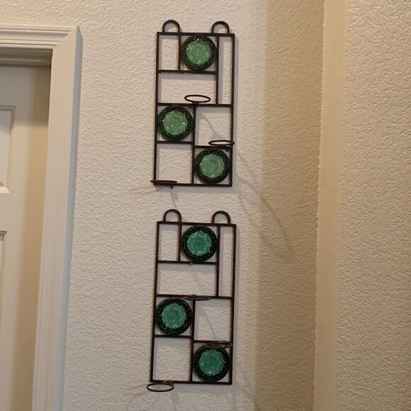 Party Lite Candle 3 Votive Holder Heavy Green Glass Metal Wall Decor In Out Door - Picture 3 of 7